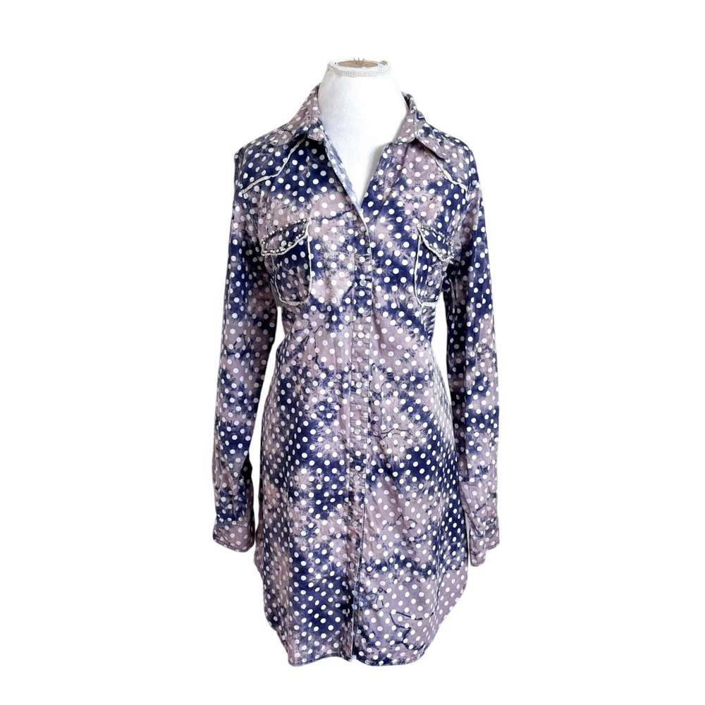 A Rare Bird Western Boho Polka Dot Shirt Dress XXL Blue Pearl Snap Rodeo Cowgirl